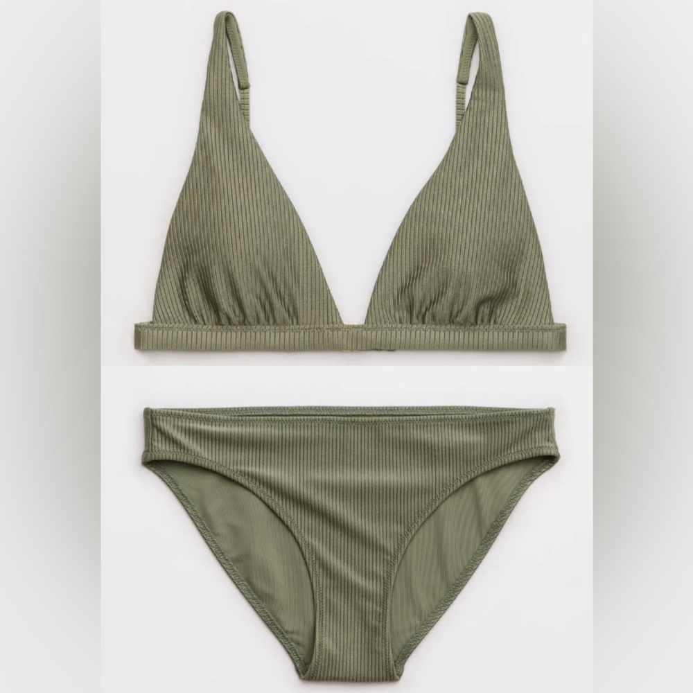 NWT Aerie FULL SET Shine Rib Plunge Bikini Top + Full Coverage Bottom Olive 🫒